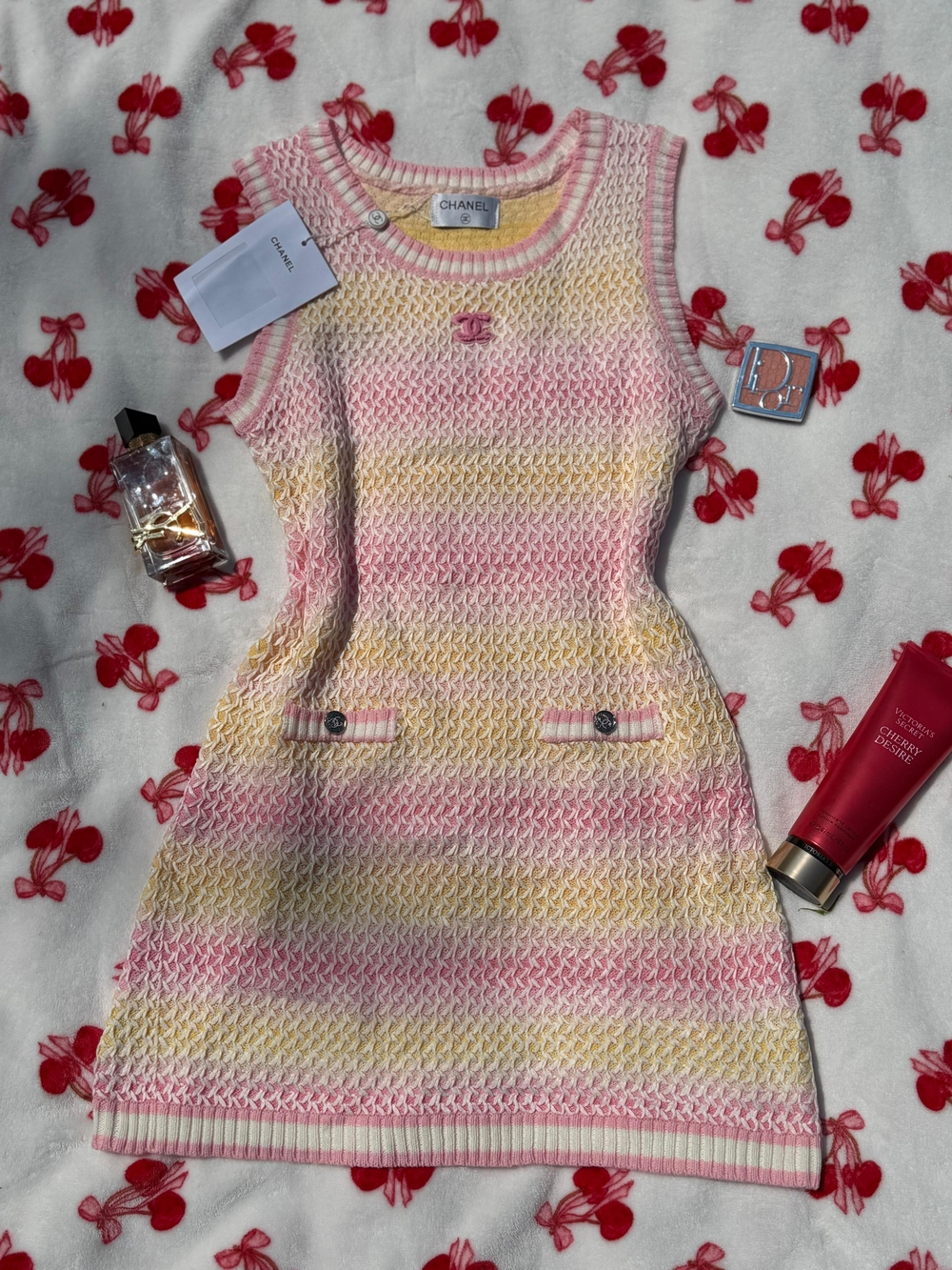 CHANEL Pink & Yellow Striped Knit Girls Dress